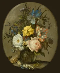 Flowers in a Glass Vase with Shells and an Insect